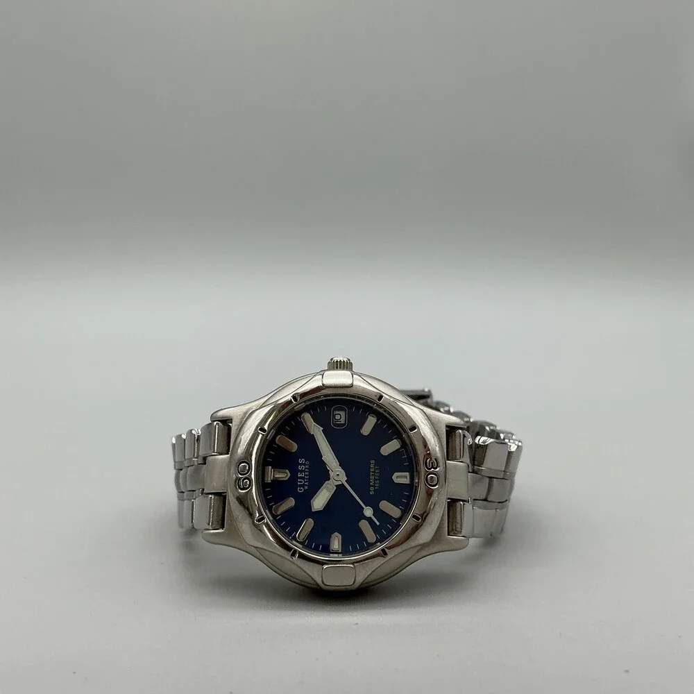 Guess Waterpro Womens Watch 28mm Blue Dial Date Stainless New Battery 6.25